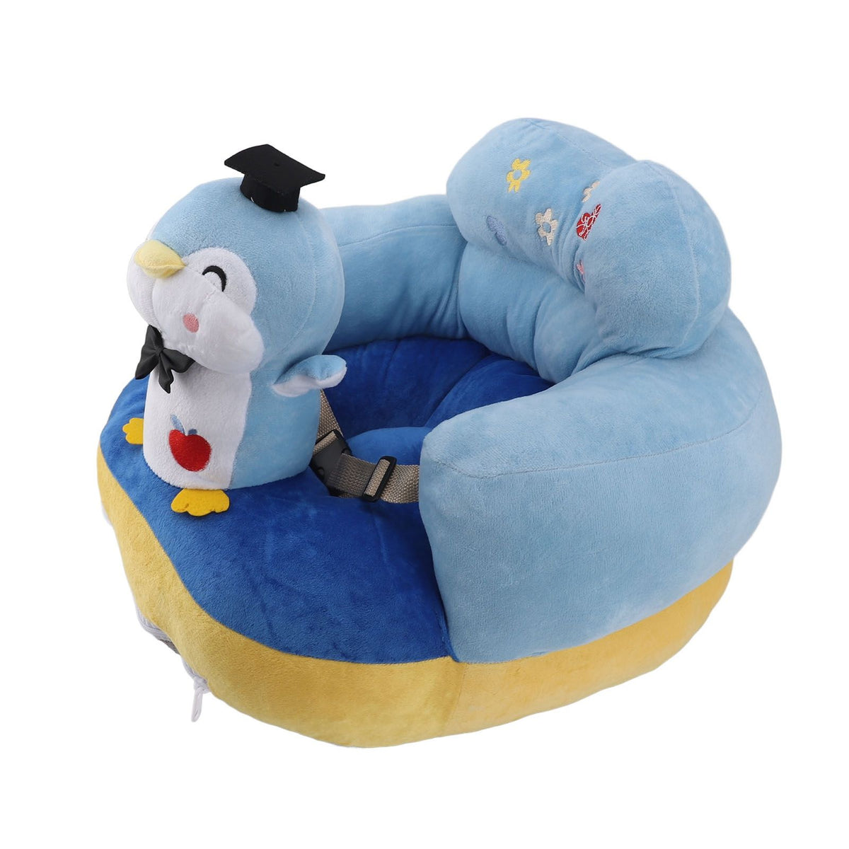 Blue Penguin baby sofa chair by Everything Baby, plush cartoon animal seat with adjustable support for toddlers to sit up comfortably.