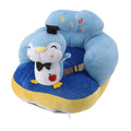 Blue plush penguin baby sofa chair with adjustable support, cartoon animal design, ideal for toddlers learning to sit up.