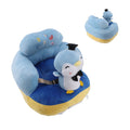 Blue penguin baby sofa chair with plush plush, adjustable support, cartoon animal design, for toddlers learning to sit up.