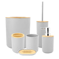 Six gray bathroom soap box and toothbrush holder set with rinse cup and lotion bottle accessories for baby and kids grooming.