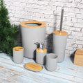 Six-piece gray bathroom soap box, toothbrush holder, rinse cup, and lotion bottle accessories kit for baby and kids grooming.