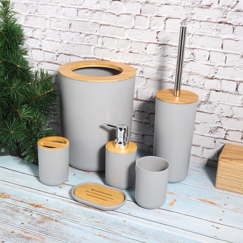 Six-piece gray bathroom soap box, toothbrush holder, rinse cup, and lotion bottle accessories kit for baby and kids grooming.
