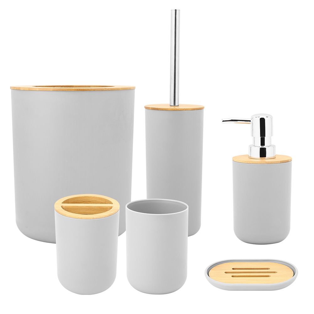 Six-piece gray bathroom soap box, toothbrush holder, rinse cup, and lotion bottle accessories kit for household use.