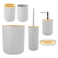 Six gray bathroom soap boxes, toothbrush holders, rinse cups, and lotion bottles in a kids' grooming accessories set by Everything Baby