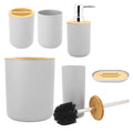 Six gray bathroom soap box and toothbrush holder set with rinse cup and lotion bottle accessories for household use.