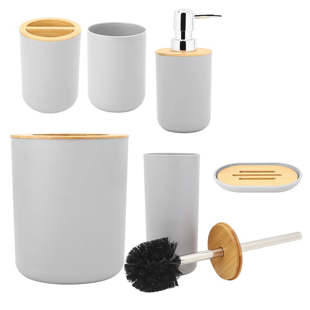 Six gray bathroom soap box and toothbrush holder set with rinse cup and lotion bottle accessories for household use.
