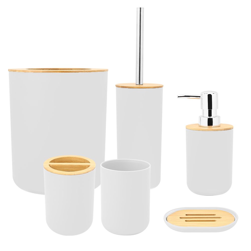 Six-piece white bathroom soap box and toothbrush holder set with rinse cup and lotion bottle accessories for baby and kids grooming.