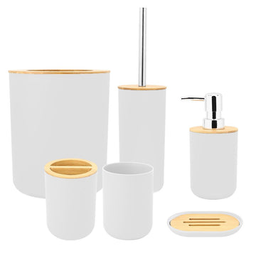 Six-piece white bathroom soap box and toothbrush holder set with rinse cup and lotion bottle accessories for baby and kids grooming.