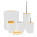 Six white bathroom soap boxes and toothbrush holders with rinse cups and lotion bottle accessories in a household grooming kit.