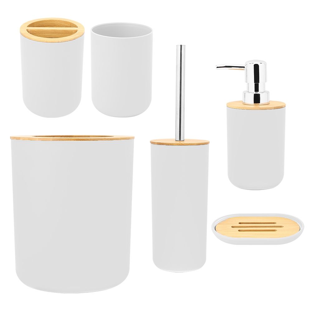 Six-piece white bathroom soap box, toothbrush holder, rinse cup, and lotion bottle accessories kit for baby and kids grooming.