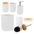 Six-piece white bathroom soap box, toothbrush holder, rinse cup, and lotion bottle accessories kit for household use.