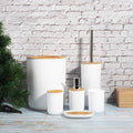 White 6-piece bathroom soap box, toothbrush holder, rinse cup, and lotion bottle accessories kit for baby and kids grooming.