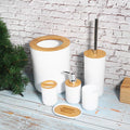 White 6-piece bathroom soap box, toothbrush holder, rinse cup, and lotion bottle set for kids, part of baby grooming accessories kit.
