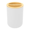 Six-piece white bathroom soap box, toothbrush holder, rinse cup, and lotion bottle accessories set by Everything Baby.
