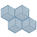 Blue hexagonal stripe heat-insulated coasters set for dining tables, designed for protecting tableware and cups in kitchen use.