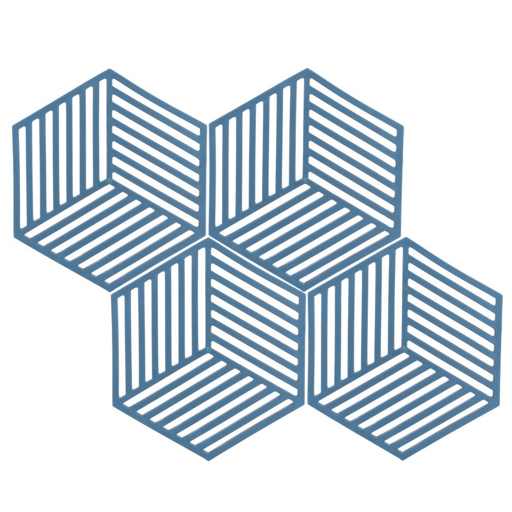 Blue hexagonal stripe heat-insulated coasters set for dining tables, designed for protecting tableware and cups in kitchen use.