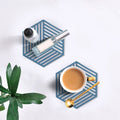 Set of 4 blue hexagonal stripe heat-insulated dining table mats and coasters for tableware in kitchen, by Everything Baby.