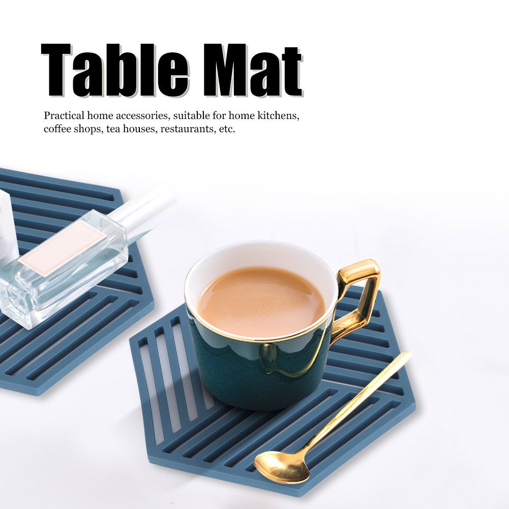 Blue hexagonal stripe dining table heat insulated mats for coasters, made of durable material, ideal for protecting tableware and surfaces.