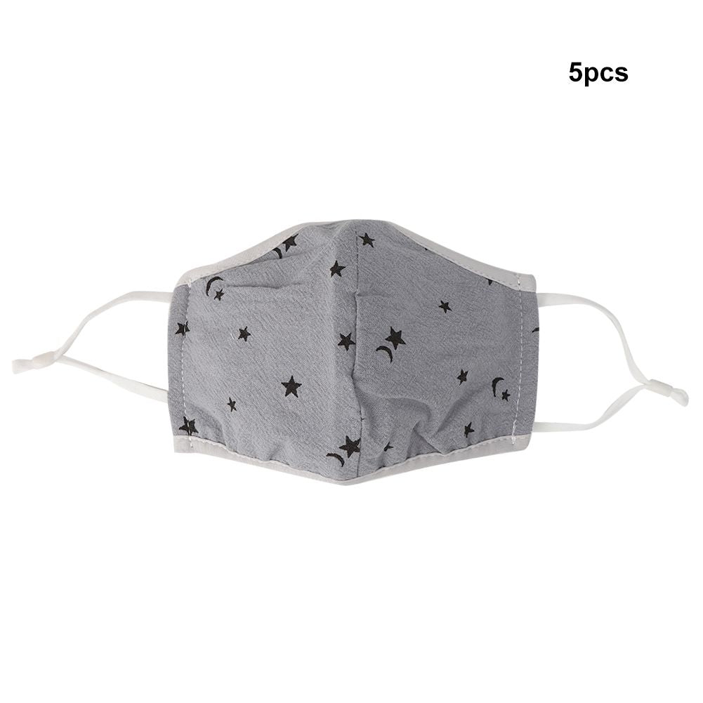Gray 5-pack children’s anti-fog washable mouth covers for kids, breathable dust-proof masks for baby health and grooming.
