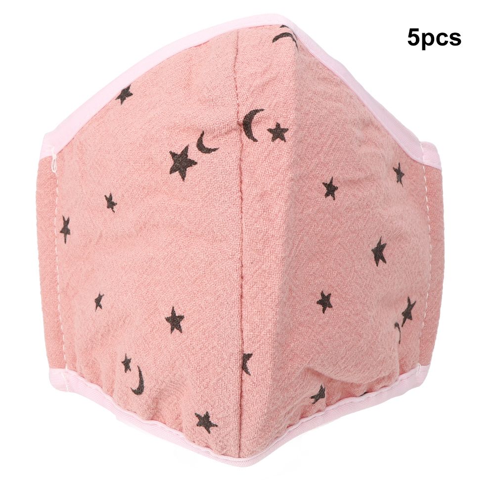 Five pink washable children's anti-fog mouth covers, breathable and dust-proof, designed for baby health and grooming.
