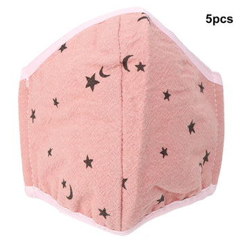 Five pink washable children's anti-fog mouth covers, breathable and dust-proof, designed for baby health and grooming.