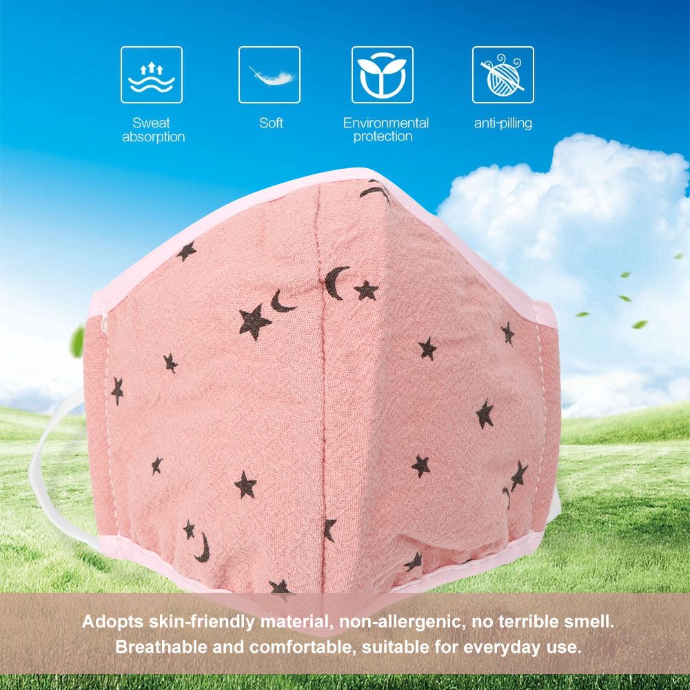 Five pink washable children's anti-fog mouth covers, breathable and dust-proof, designed for baby health and grooming.