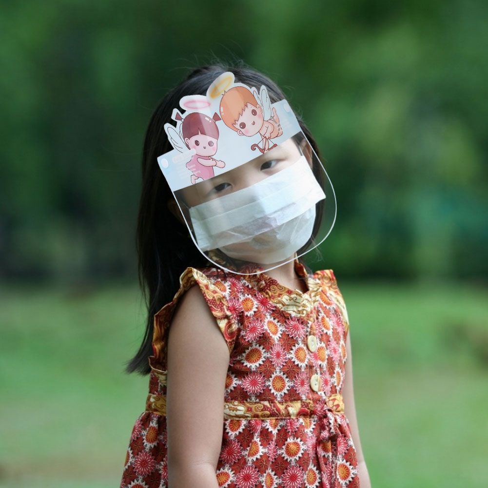 Transparent full face covering for kids by Everything Baby, designed for outdoor riding, featuring cute cartoon designs.