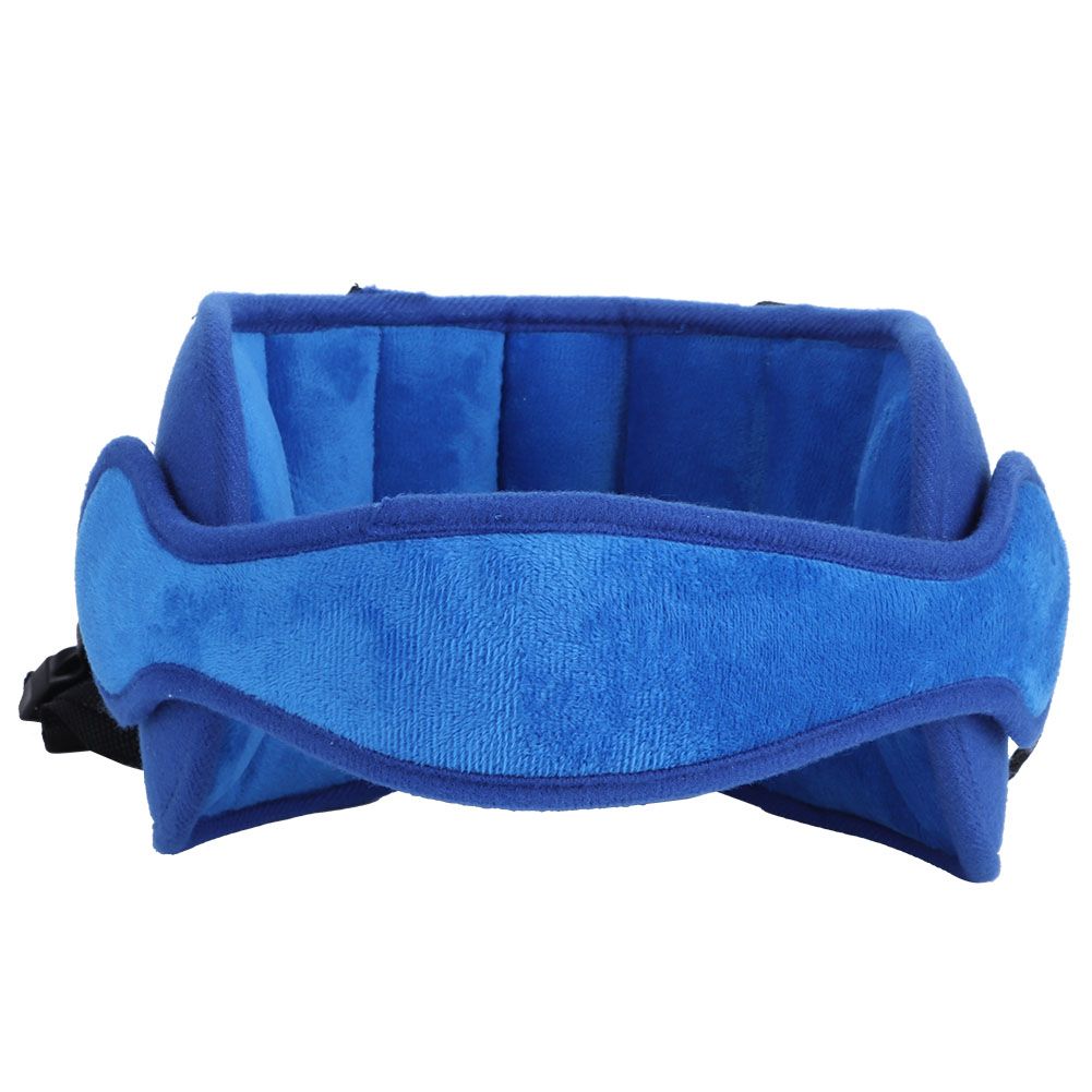Dark blue baby head support strap belt for car seats, designed to keep child's head stable and comfortable during travel.