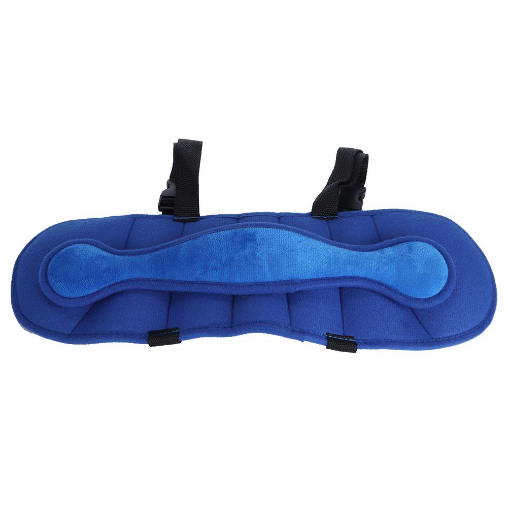 Dark blue baby head support strap for car seats, adjustable headrest belt for child sleeping comfort in stroller or car seat.