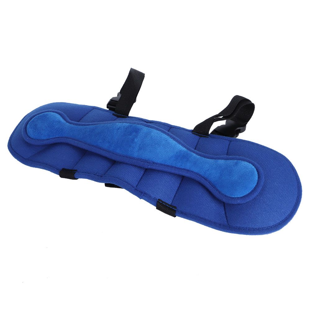 Dark blue baby head fixing strap belt for car child seat, head support and headrest for comfortable sleep during rides.
