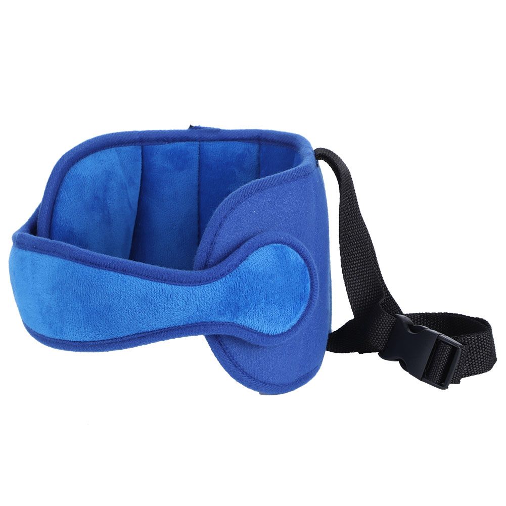 Dark blue baby head fixing strap belt for car seats, provides sleeping head support for children in strollers and car seats.