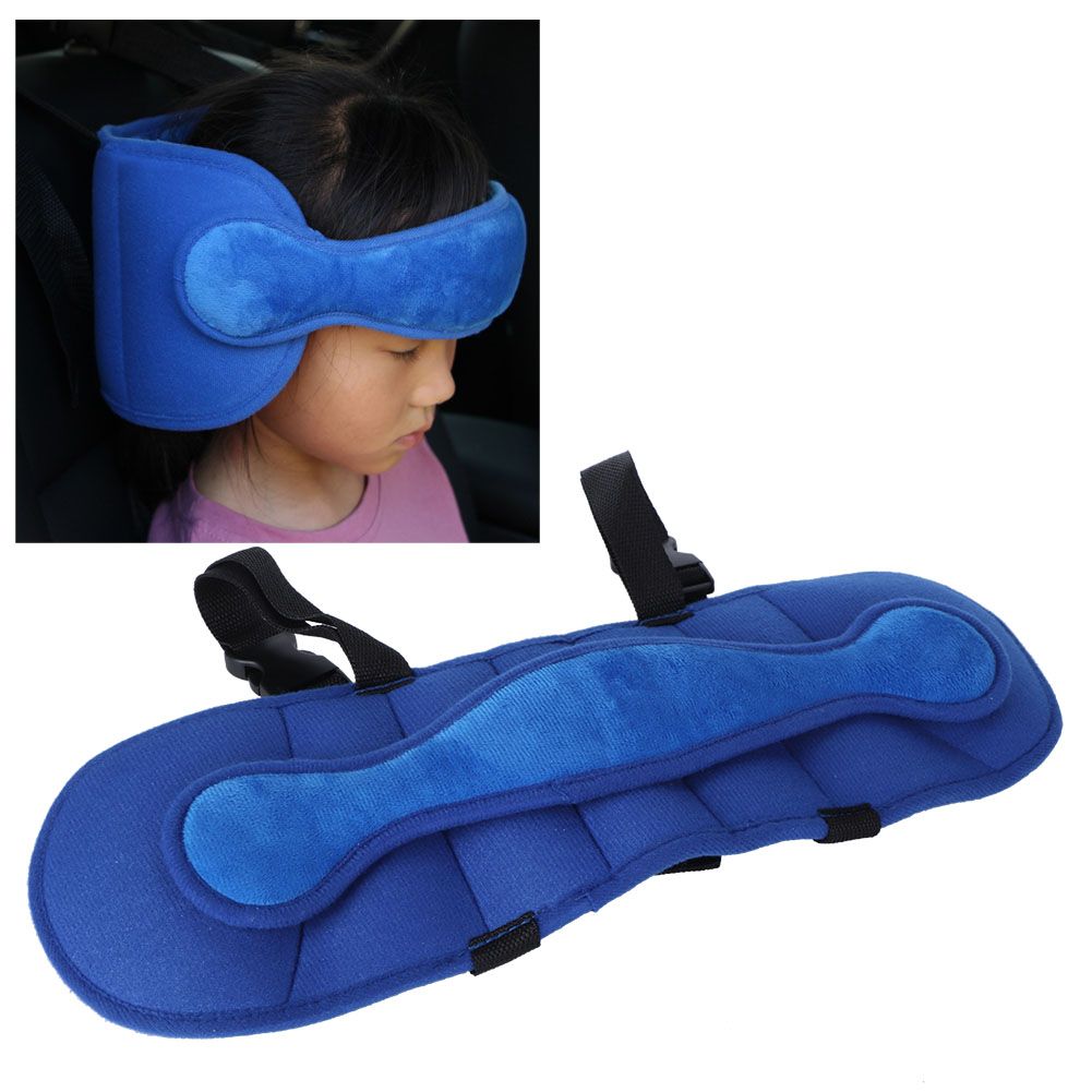 Dark blue baby head fixing strap belt for car seats, provides head support for children during travel.