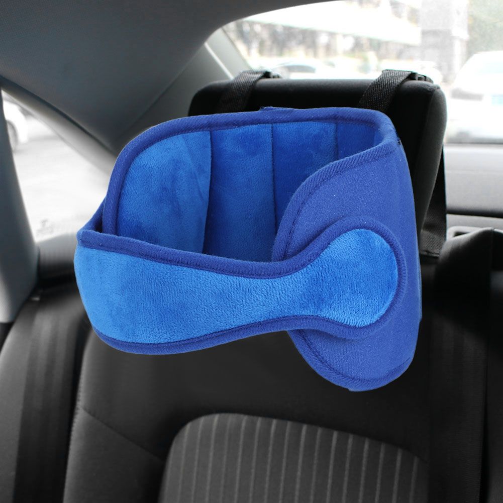 Dark blue baby head strap belt for car seats, provides head support and stability for sleeping children in strollers or car seats.