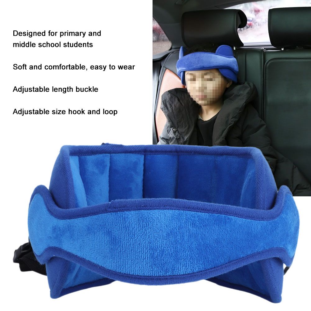 Dark blue baby head fixing strap belt for car seats, provides head support for children in strollers and car seats.