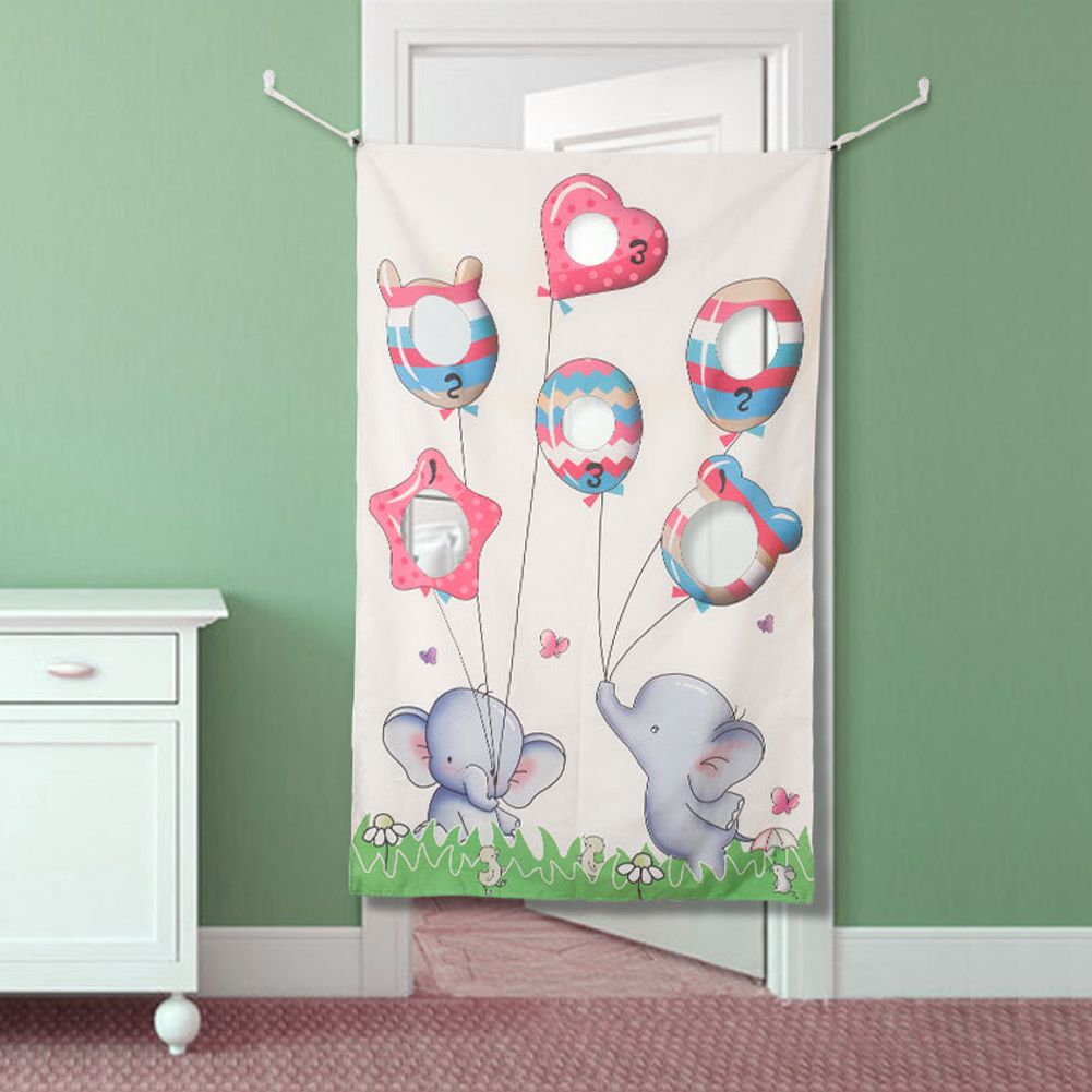 Indoor throwing game set with sandbag targets for children and families, featuring colorful fabric door curtain for fun outdoor play.