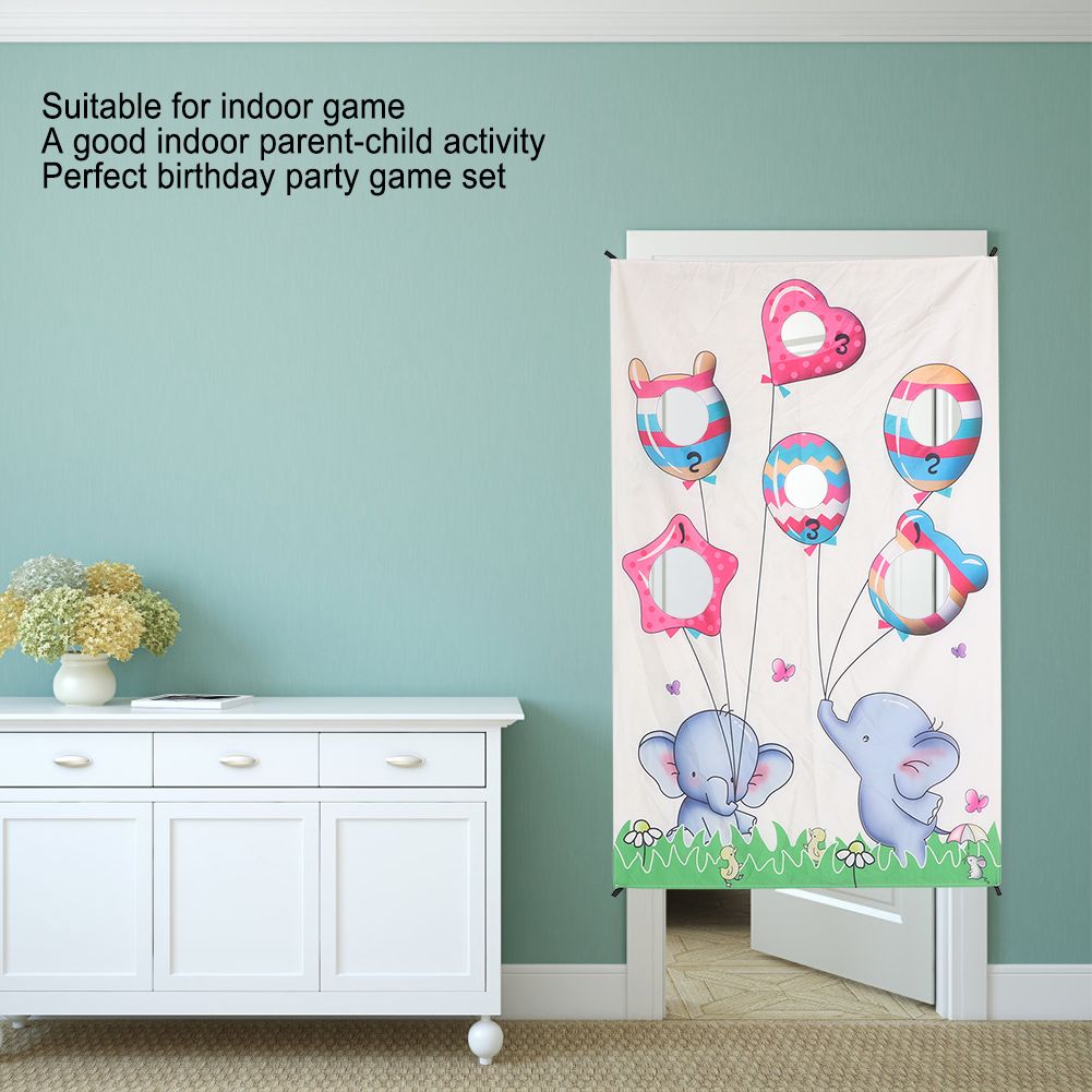 Indoor throwing game set with sandbag targets for children and families, featuring a door curtain for fun outdoor play activities.