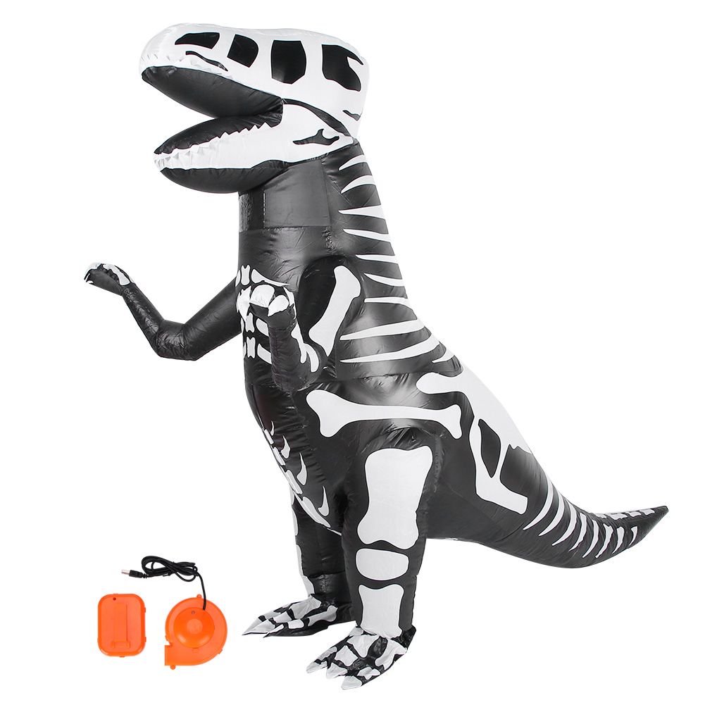 Kids wearing dinosaur inflatable costumes for Halloween or parties, featuring colorful dinosaur designs and playful inflatable features.