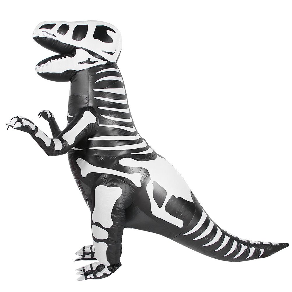 Kids wearing dinosaur inflatable costumes for Halloween or parties, featuring colorful dinosaur designs and playful inflatable details.