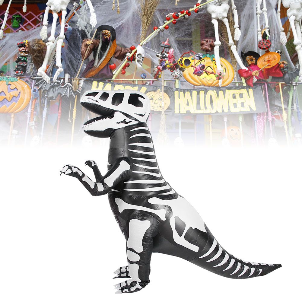 Kids wearing inflatable dinosaur costumes for Halloween, pretend play outfit, colorful and fun for festivals and parties.