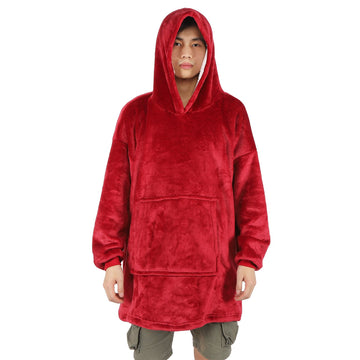 Red oversized fleece hooded blanket hoodie with pocket for girls, soft flannel sleepwear from Everything Baby, warm and cozy for kids.