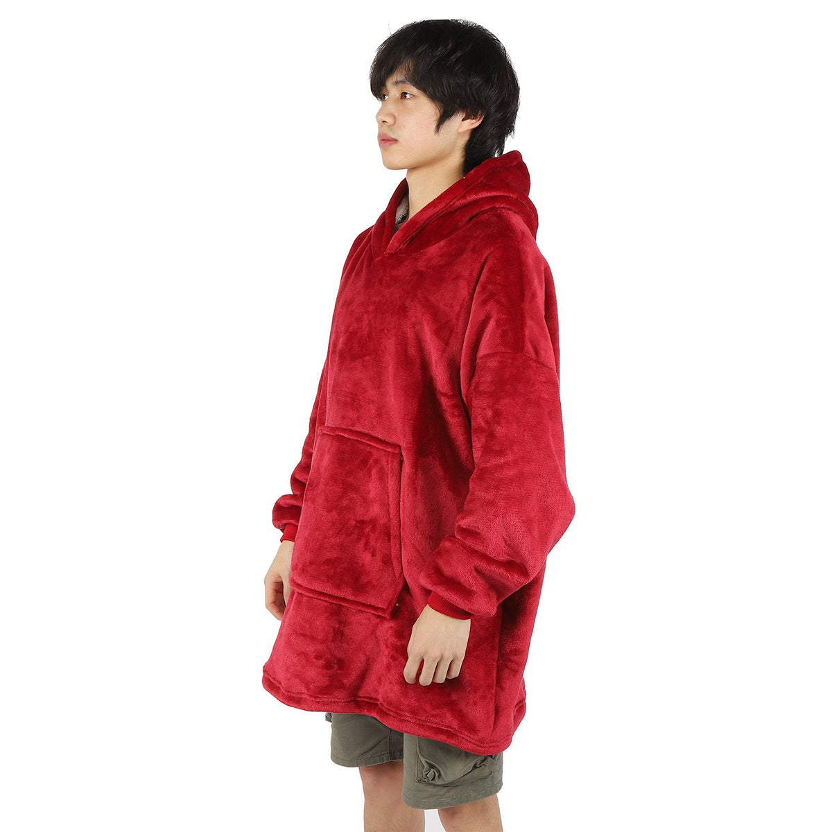 Red fleece hooded blanket hoodie for girls, oversized with pocket, soft and warm, ideal for cozy sleepwear from Everything Baby.