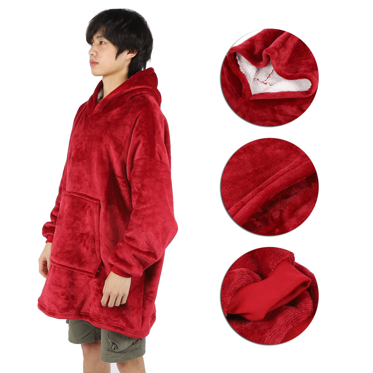 Red hooded fleece blanket hoodie for kids, featuring a cozy oversized design with front pocket, ideal for warmth and comfort.