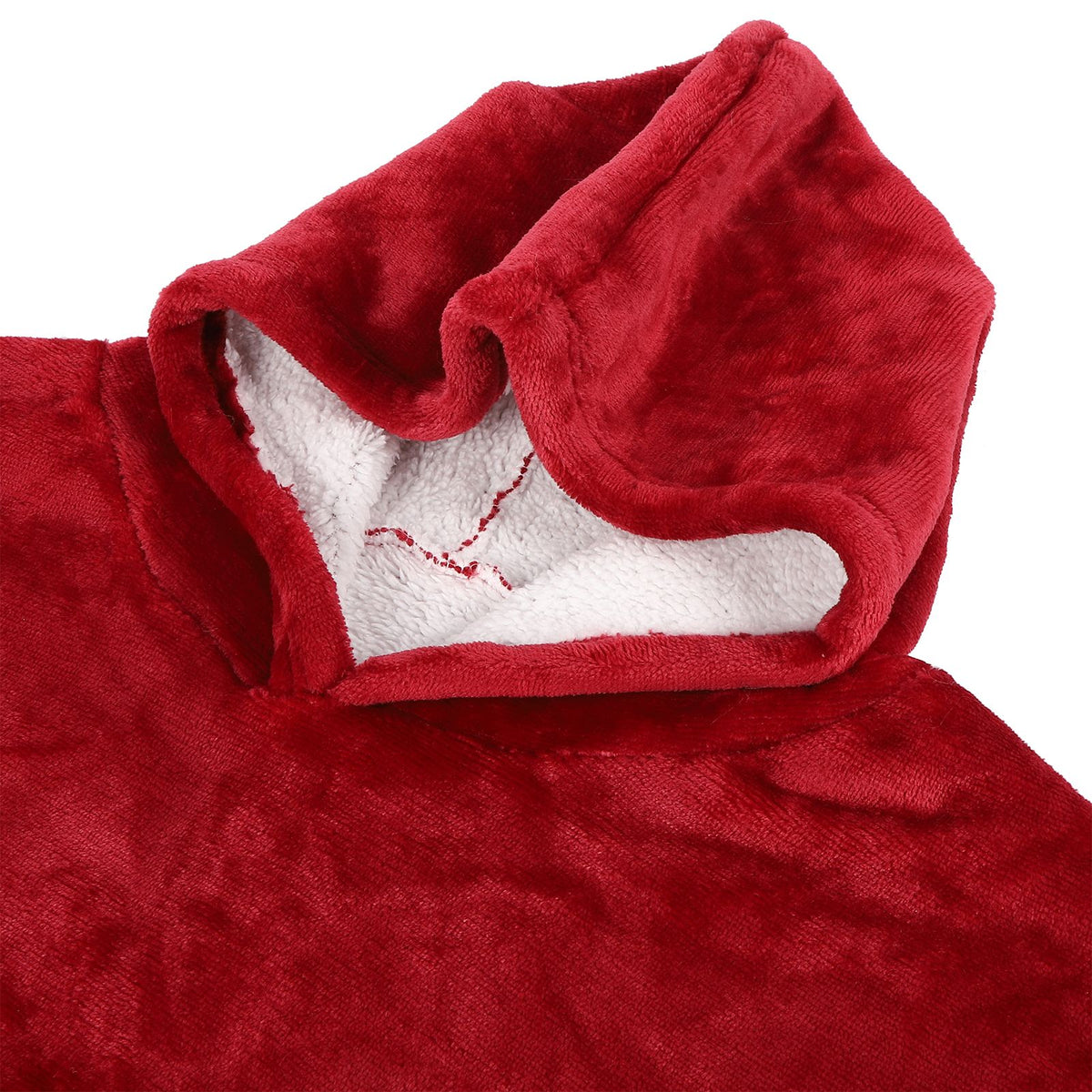 Red hooded fleece flannel blanket hoodie for kids, featuring a cozy design with a front pocket and oversized fit.