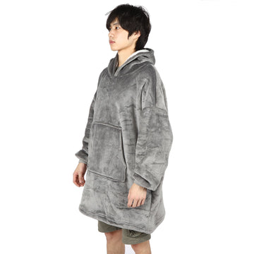 Gray oversized hooded fleece blanket hoodie for kids with a front pocket, cozy and warm girl’s sleepwear by Everything Baby.