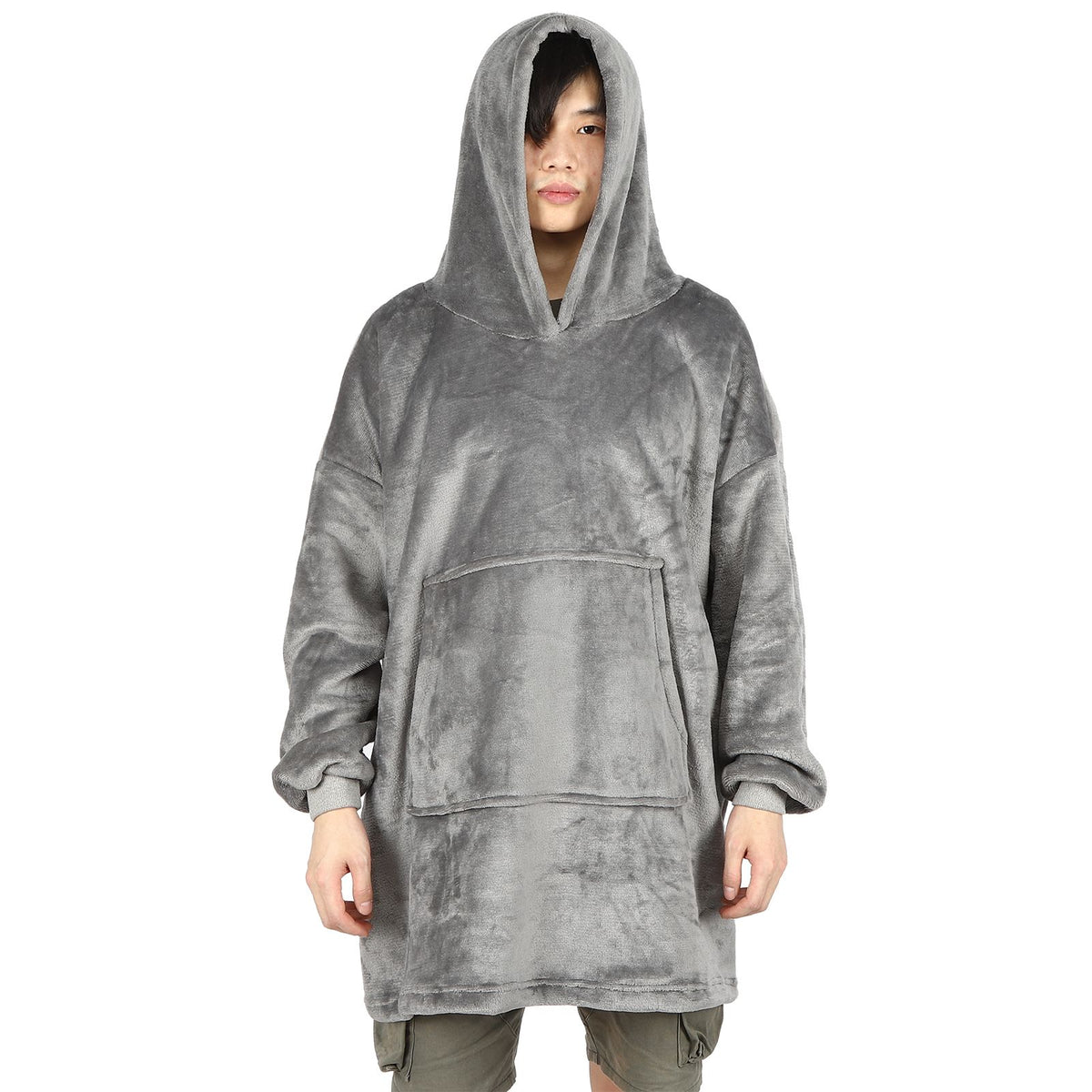 Gray fleece hooded blanket hoodie for kids with pocket, oversized and warm, perfect for girls' sleepwear by Everything Baby.