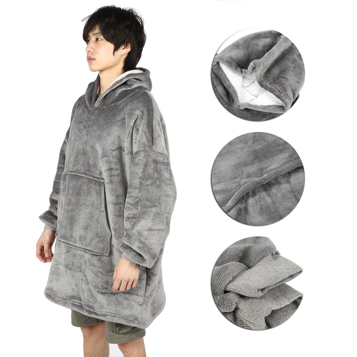 Gray hooded fleece blanket hoodie for girls with pocket, made by Everything Baby, oversized and cozy sleepwear for kids.