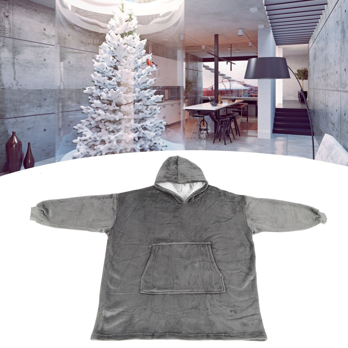 Gray oversized fleece hooded blanket hoodie with pocket, cozy sleepwear for girls from Everything Baby.