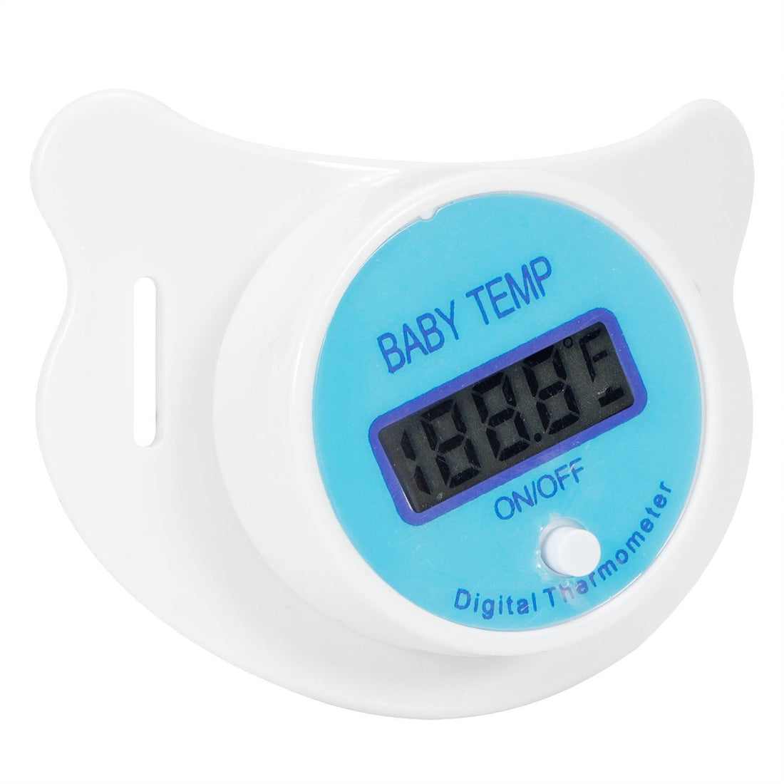 Blue baby thermometer shaped like a pacifier with LCD display, designed for newborns to check temperature orally.
