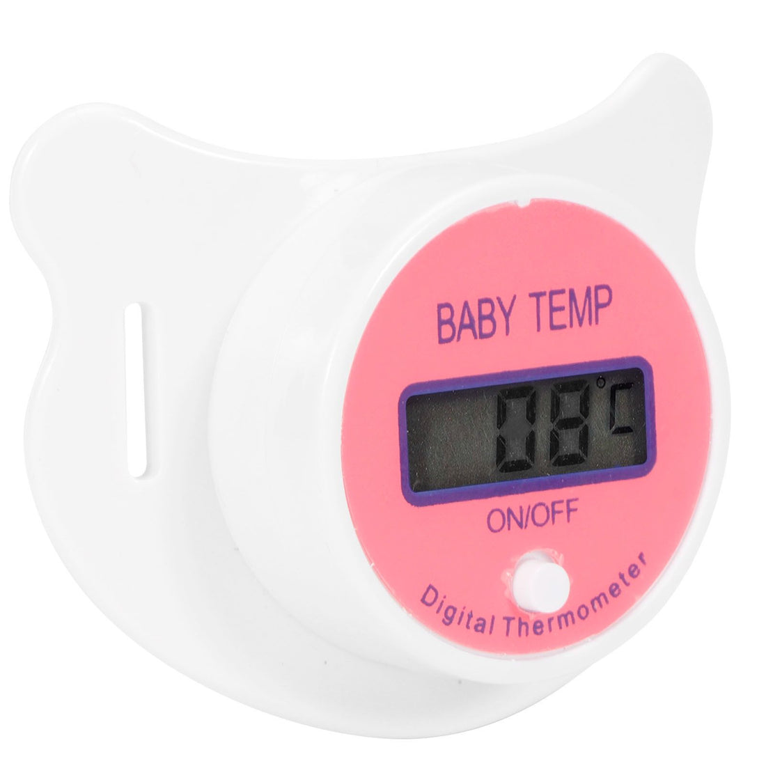 Pink baby thermometer shaped like a nipple with LCD display, designed for newborns, from Everything Baby.