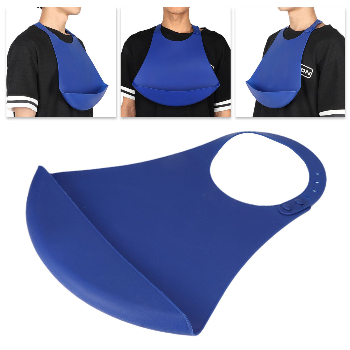 Adjustable silicone adult bib for dining and feeding, with a waterproof design, ideal for elderly and disabled individuals.